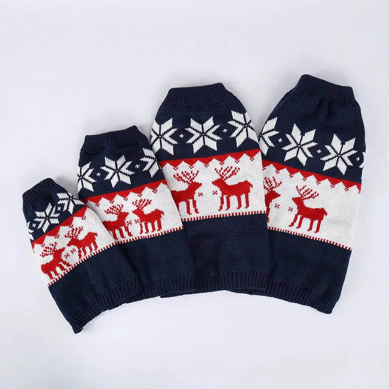 Navy blue Christmas dog sweater knitted from acrylic fabric, showing personalised holiday design for pet wear.