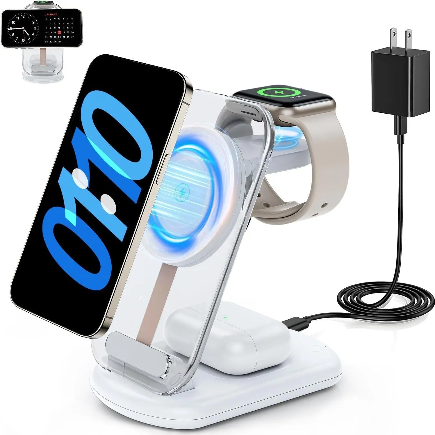 Transparent folding three-device magnetic wireless charger showing internal components