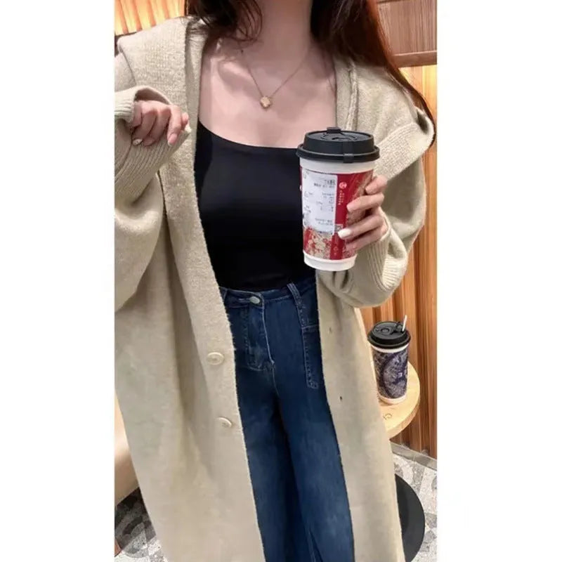 Korean style long below-knee hooded cardigan for women in a loose fit, shown in beige.