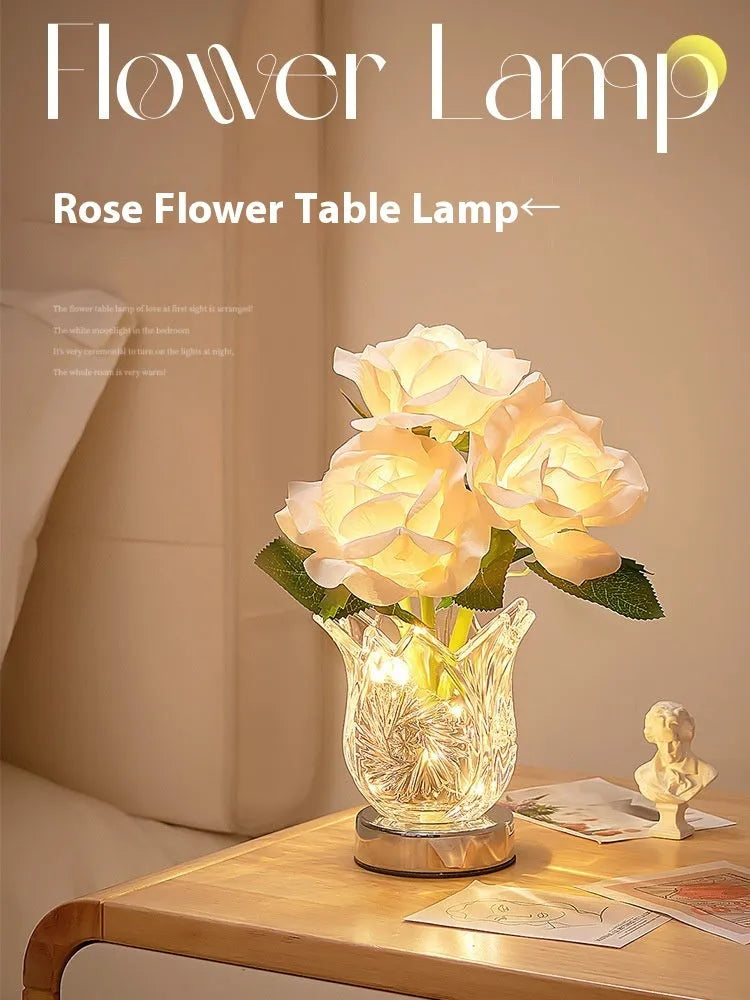 Crystal flowers decorative table lamp with USB charging port and touch-sensitive base for dimming.