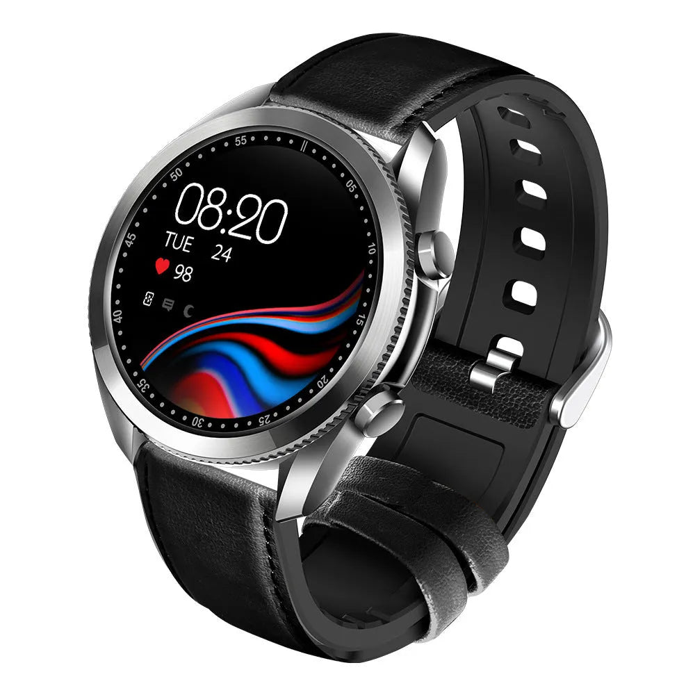 UM90 black smart watch with leather strap showing large screen displaying heart rate and fitness data.