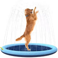 Large 150cm diameter blue dog splash pad with anti-slip texture, filled with water on grass.