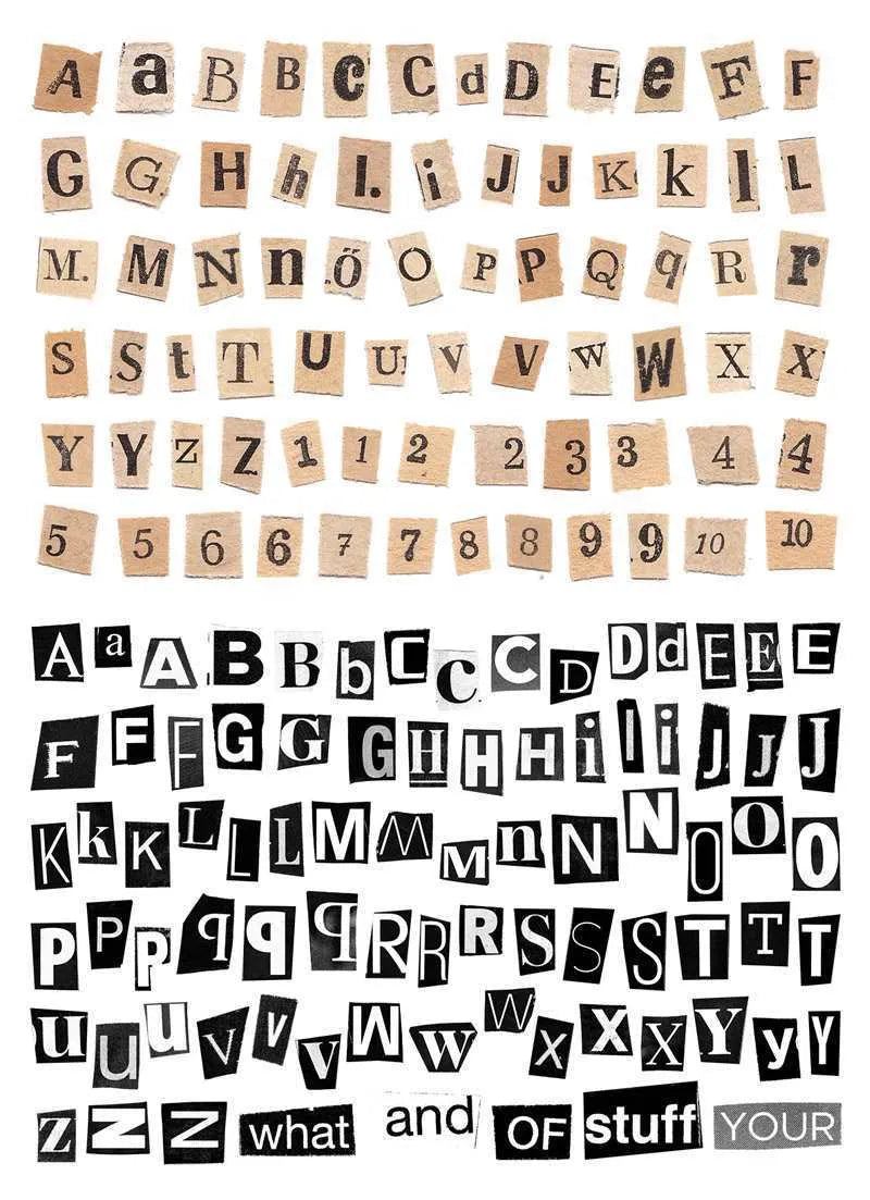 Set of printed cute style decoration stickers showing English letters, numbers, and weekly words on sheets.