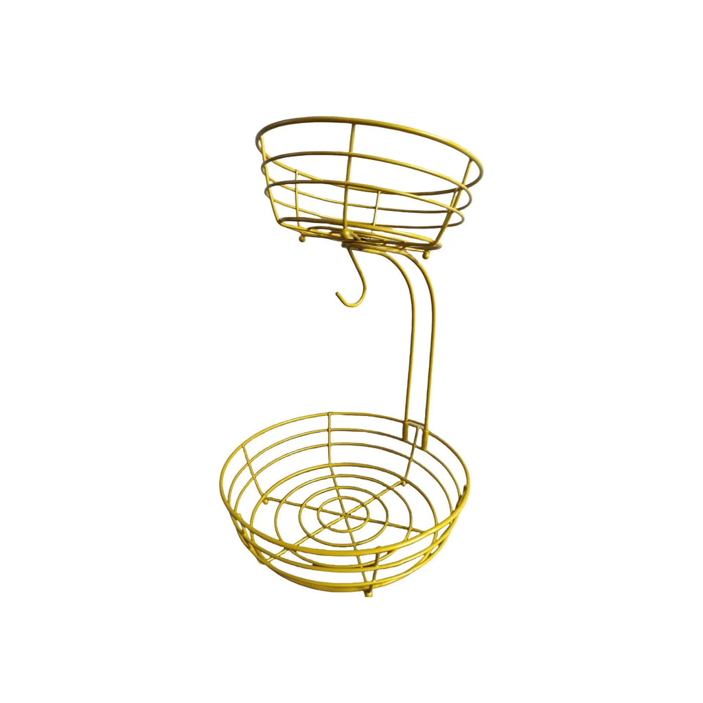 Double-layer black and gold wrought iron fruit basket with two storage tiers