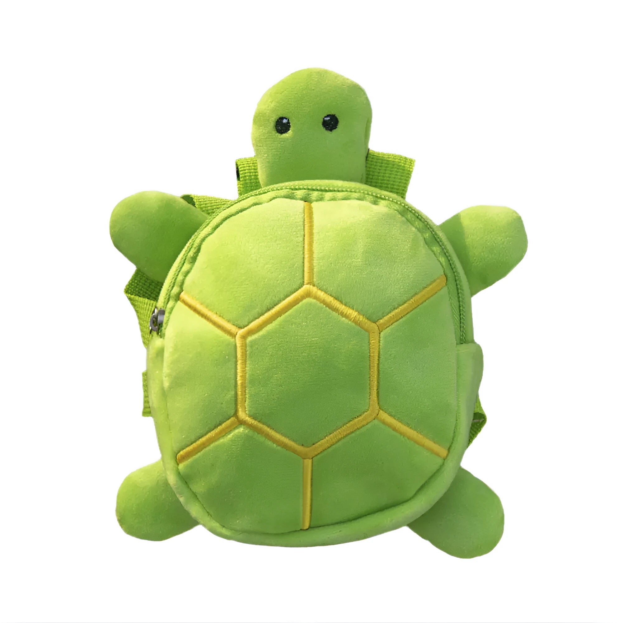 Cartoon turtle shape dog backpack with harness vest in velvet material showing 20x18cm capacity
