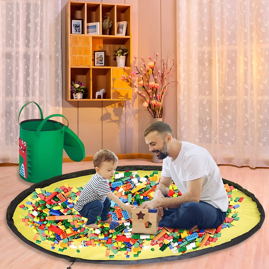 Green felt storage bag converted into a toy play mat with pull rope closure