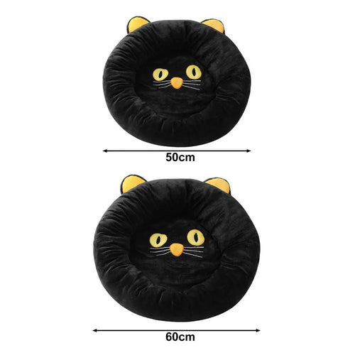 Black cat shape velvet pet nest bed with raised edges, 50cm diameter, on floor