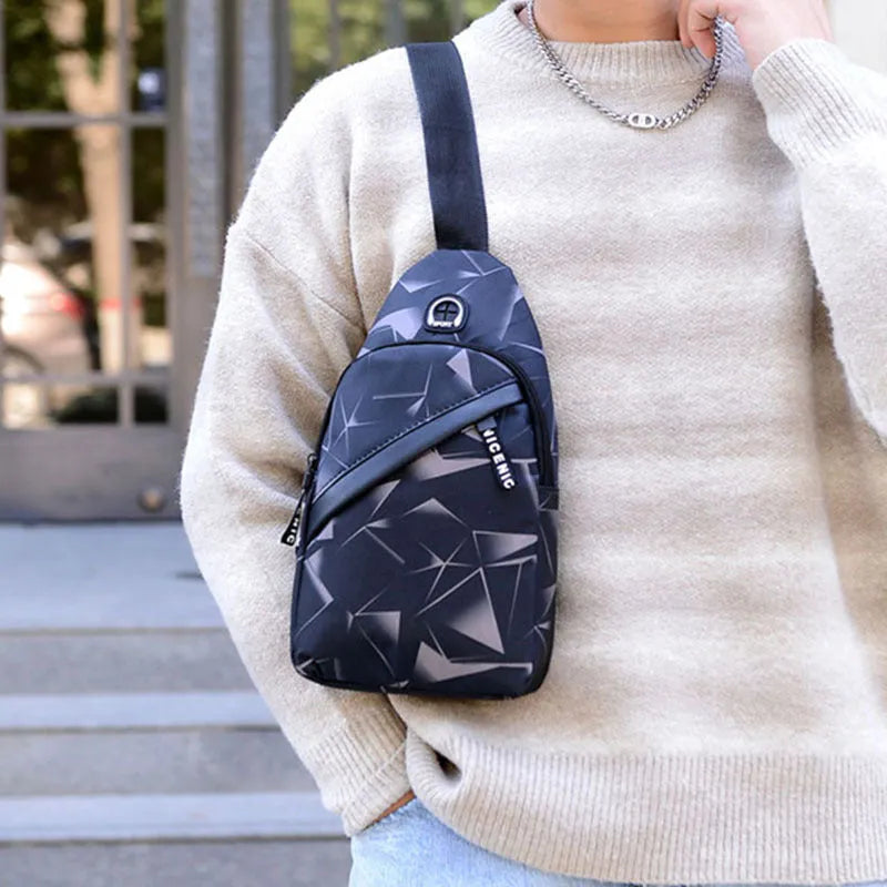 Men's print sling chest bag with earphone hole, Oxford cloth construction, showing front view with zipper opening