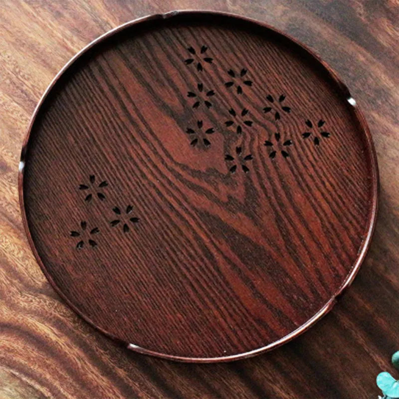 Wooden dessert plate with hollow cherry blossom pattern measuring 30 cm diameter