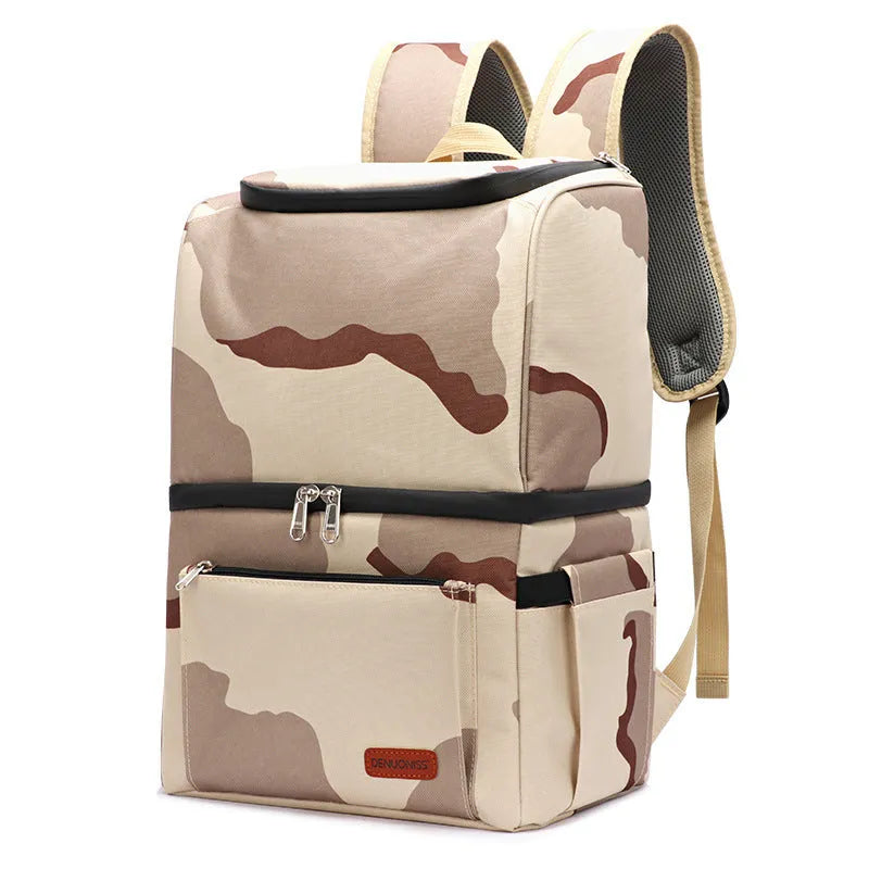 Blue insulated backpack with double-layer construction and refrigerated ice pack compartment open