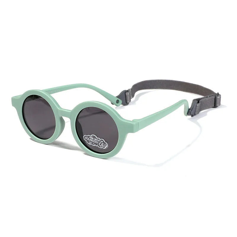 Children's silicone sunglasses with round frames for 0-3 year olds in multiple colour options showing UV400 and polarized protection