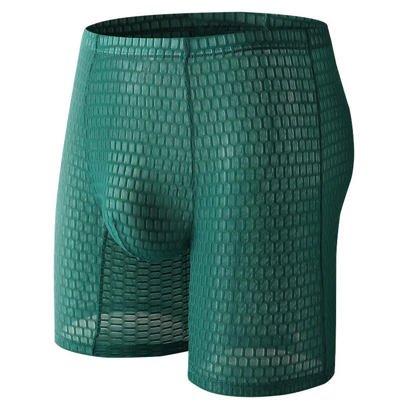 Men's solid colour lace boxer shorts on a white background, showing the textured fabric and hip-lifting shape.