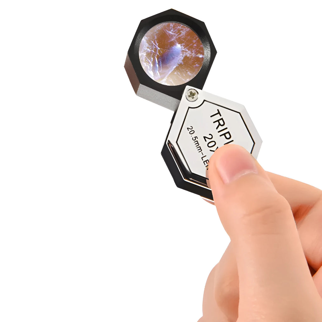 Handheld portable magnifying glass with metal body and optical glass lens for jewellery and coin identification