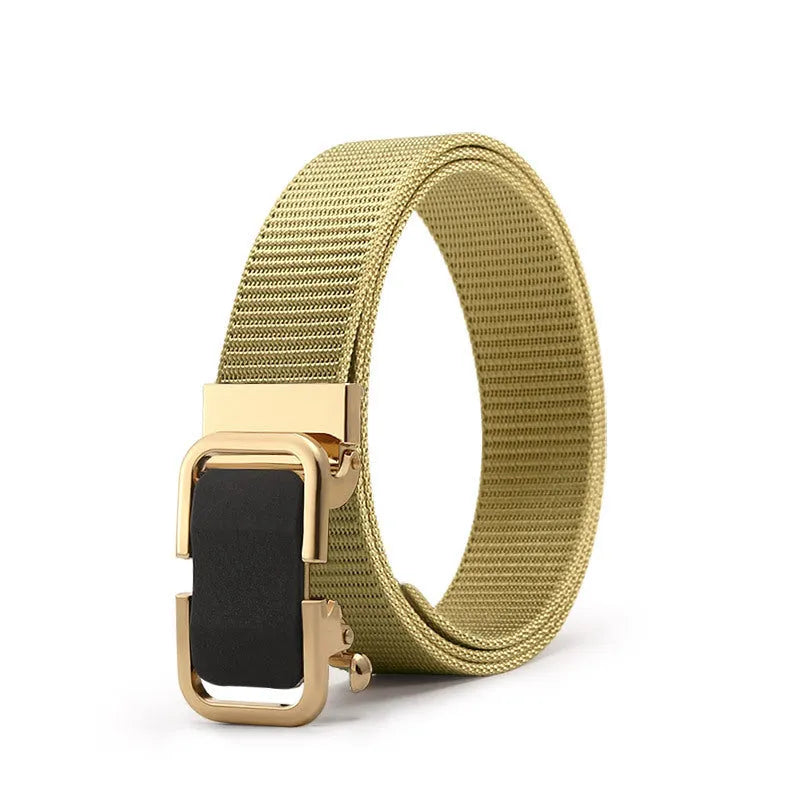 Men's nylon canvas belt with toothless alloy buckle shown in multiple colour options.