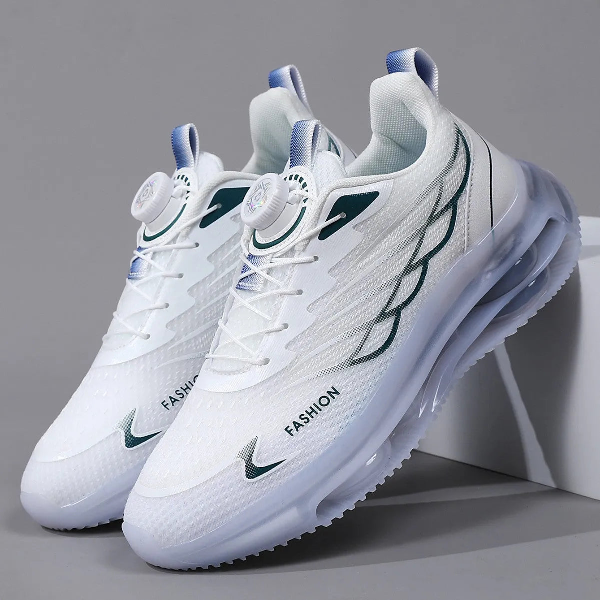 White Korean-style casual sports shoes with mesh upper and rubber sole, front lace-up design