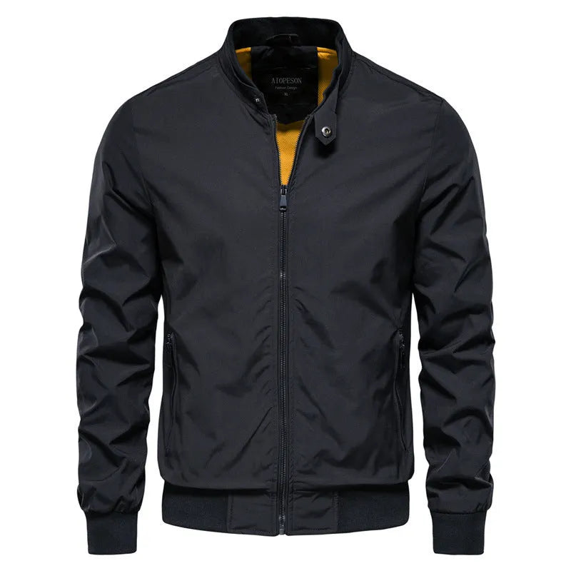 Men's solid colour casual thin jacket in polyester, shown in army green, hanging on a hanger.