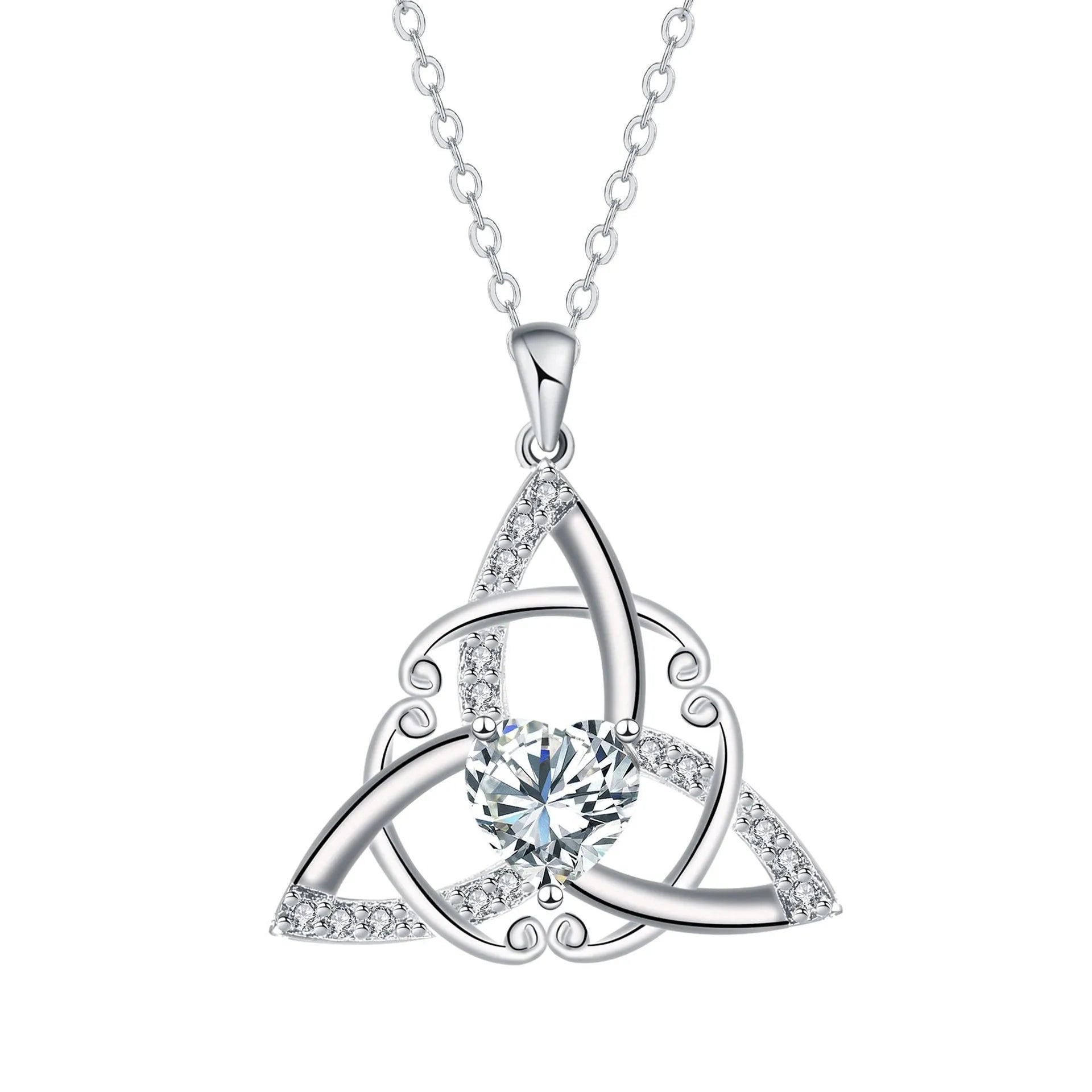 Women's Celtic knot necklace in copper with geometric pendant showing electroplated colour options