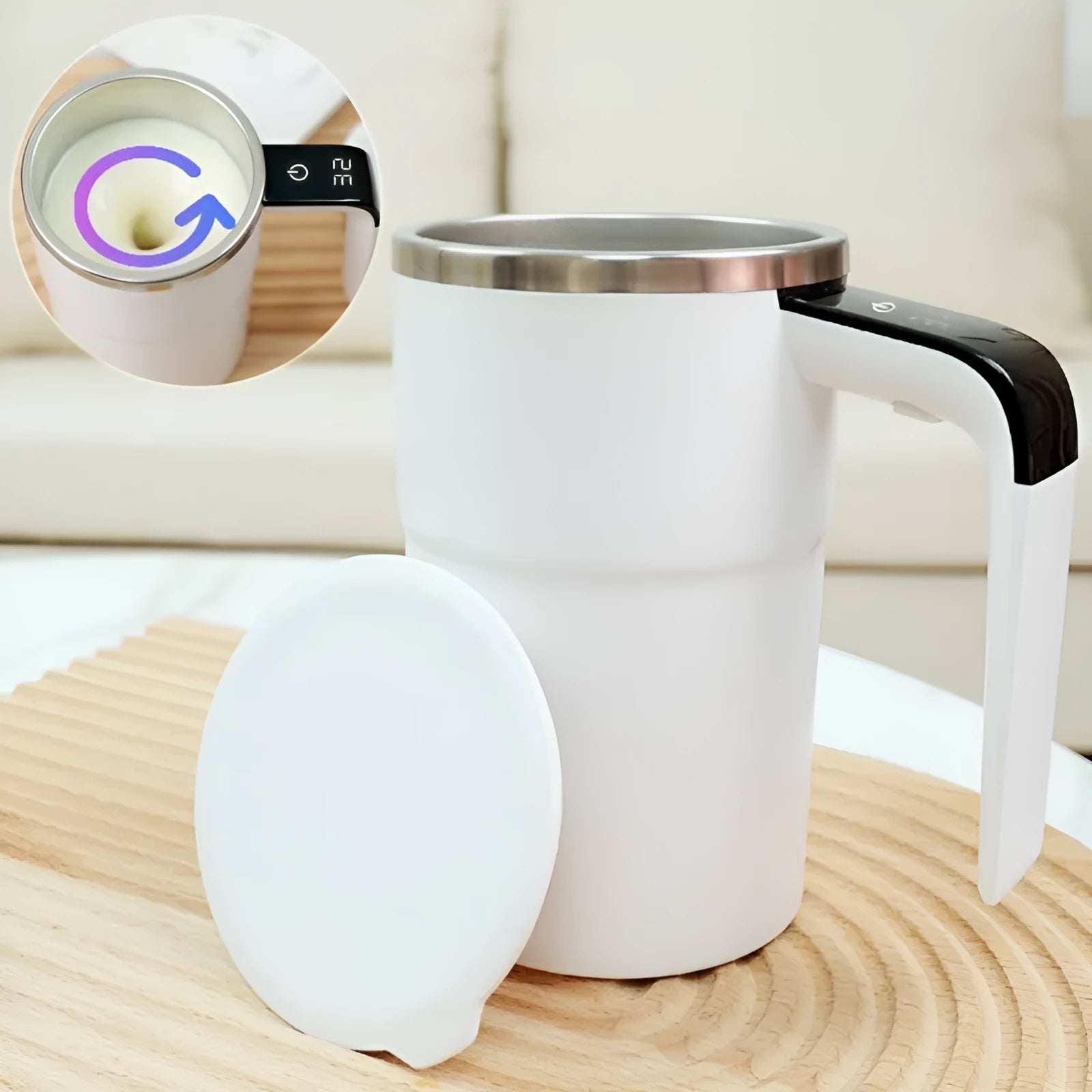 Rechargeable 380ml automatic stirring coffee mug with magnetic stirrer, temperature display, and stainless steel interior in black