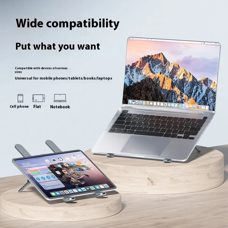 Silver aluminium laptop stand with dual cooling fans in folded position on desk