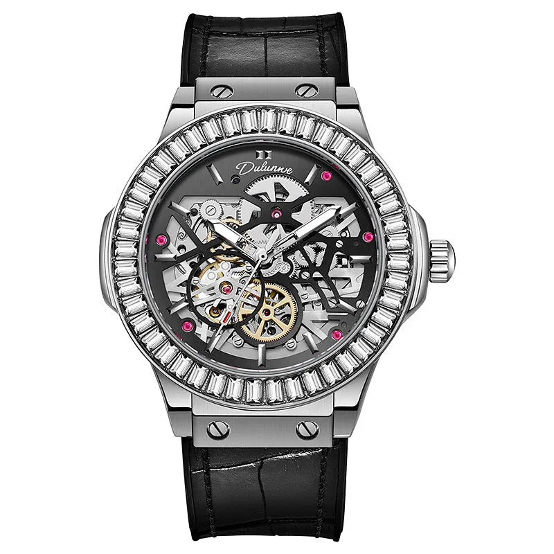 Automatic mechanical men's watch with skeleton dial, diamond studs, and white steel case.
