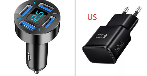 Black four-port USB car charger with digital LED display, shown plugged into a car dashboard.