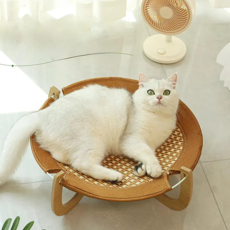 Brown woven rattan cat hammock with square 46cm base and raised sleeping platform