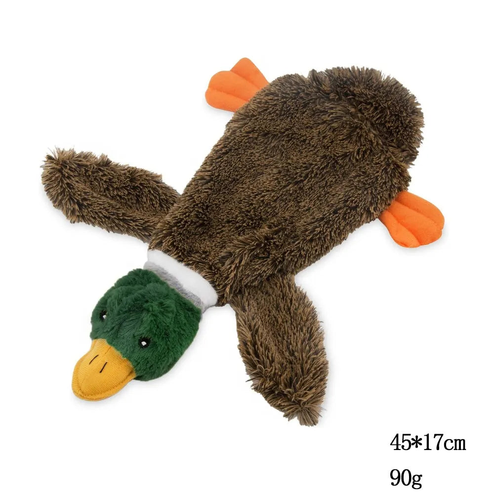 Green wild duck stuffless dog toy with a bottle inserted showing self-fasteners and plush fabric