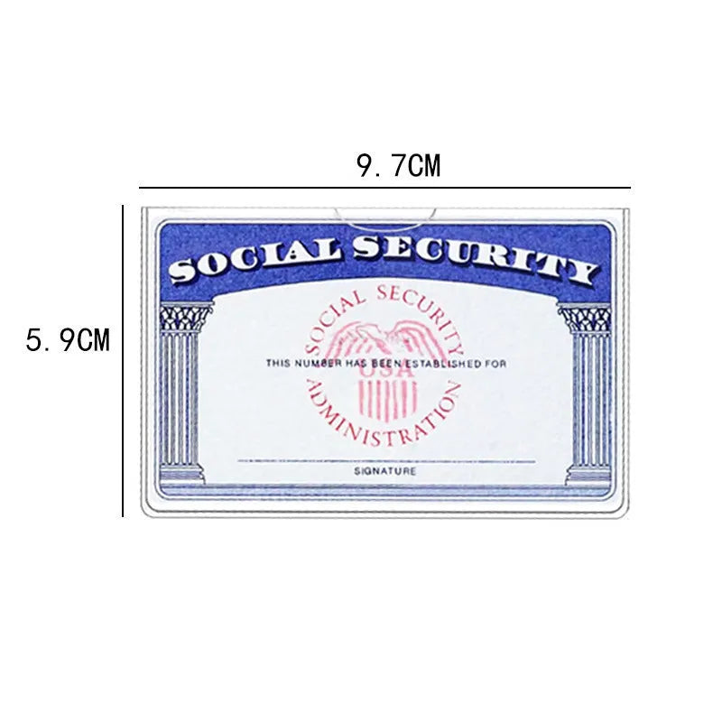 Transparent PVC social security card holder with waterproof cover, shown at 9.7 by 5.9 cm.