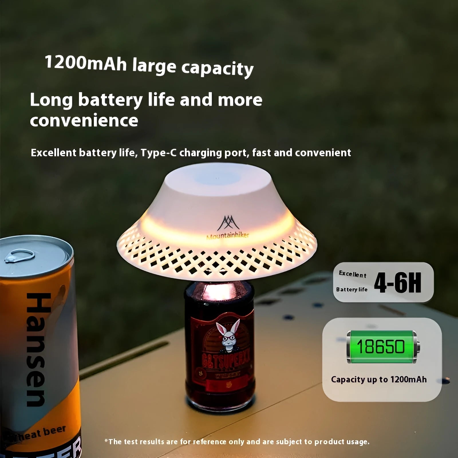 Beige wine bottle camping lantern with USB-C charging port and adjustable light modes on a wooden surface.