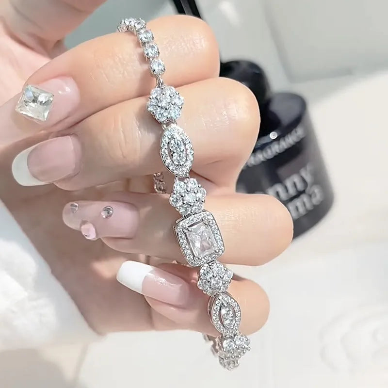 Women's sterling silver plated bracelet with zircon inlaid stones in geometric luxury style