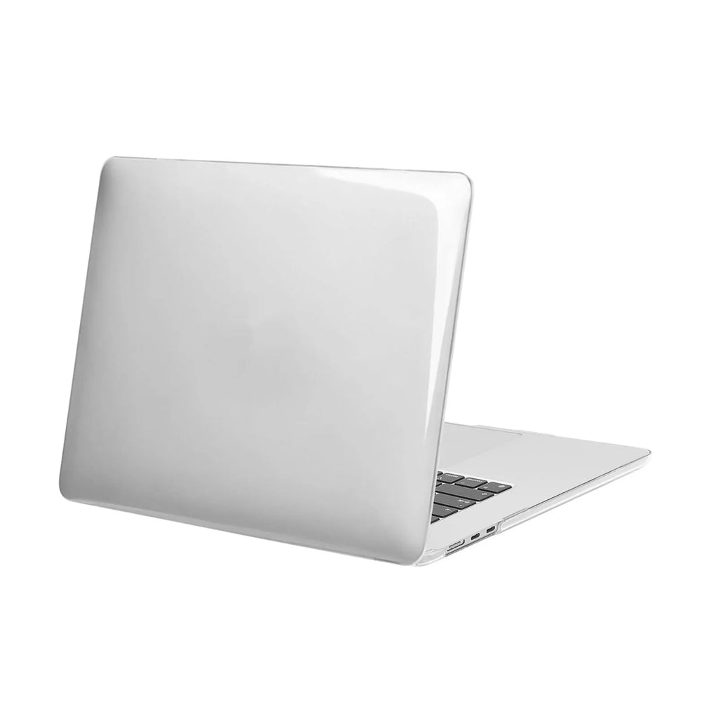 Transparent MacBook protective shell case for Air and Pro models showing port cutouts