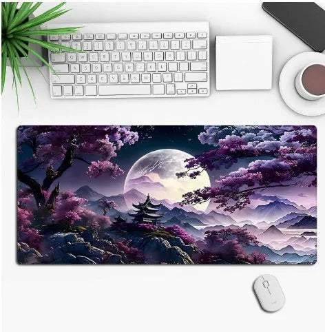 Custom anime graphic gaming mouse pad with non-slip rubber base on a desk.