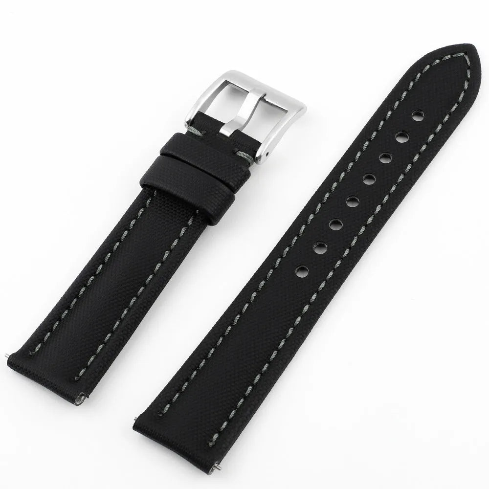Oxford water-repellent cloth leather watch strap in beige with stitch detail on white background