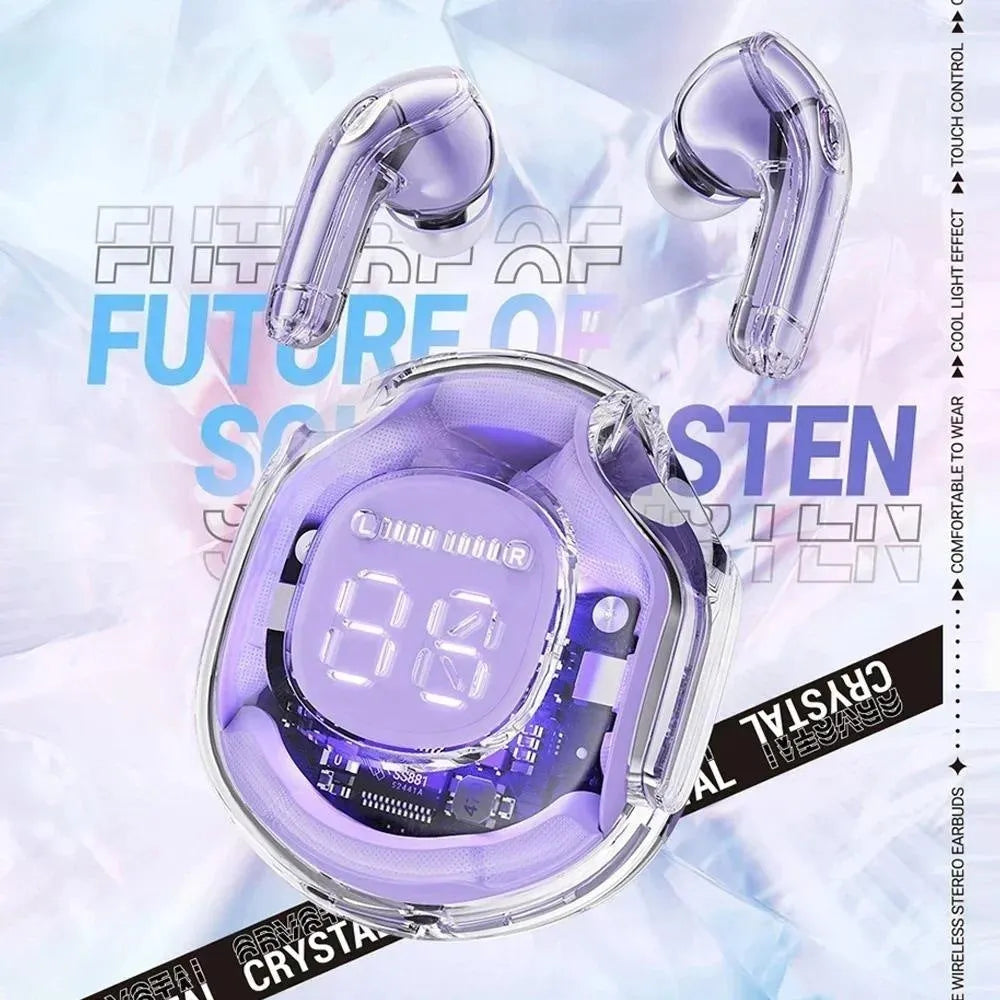 Transparent wireless Bluetooth headset with in-ear design in white, black, pink, sky blue or violet colours