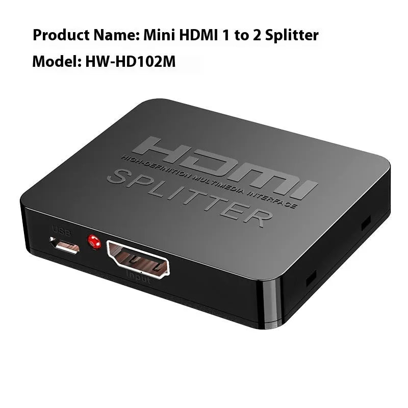4K HDMI 1x2 splitter device with multiple power plugs including US and EU standards