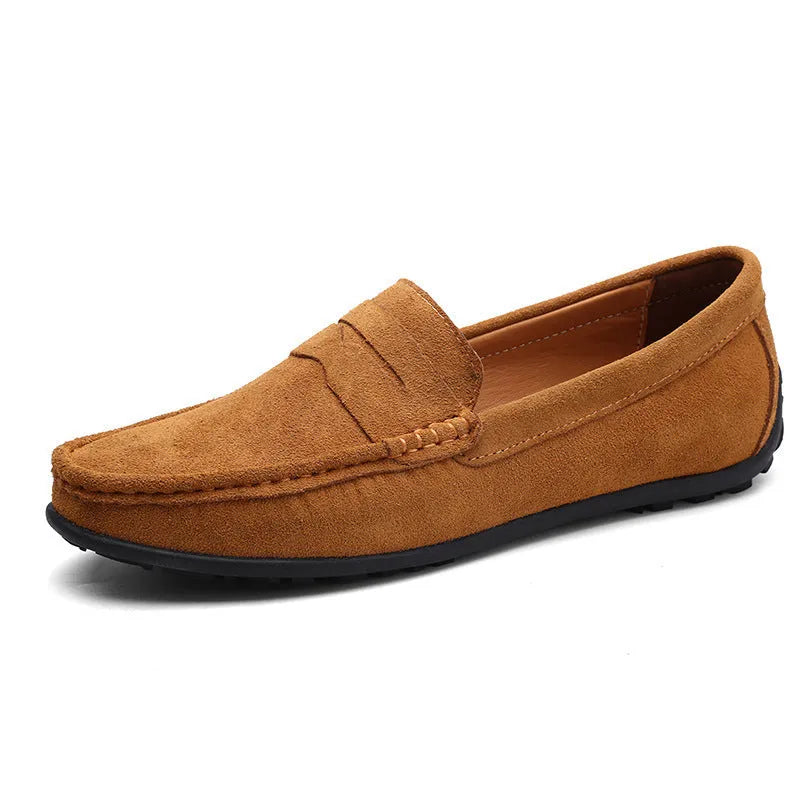 Men's brown suede casual slip-on loafers with a round toe and flat rubber sole