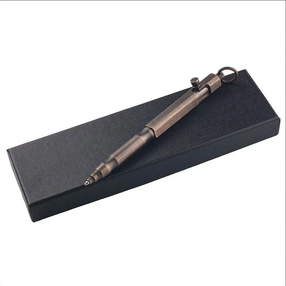 Brass hexagonal tactical pen in natural colour or black finish, 13cm length with bolt design