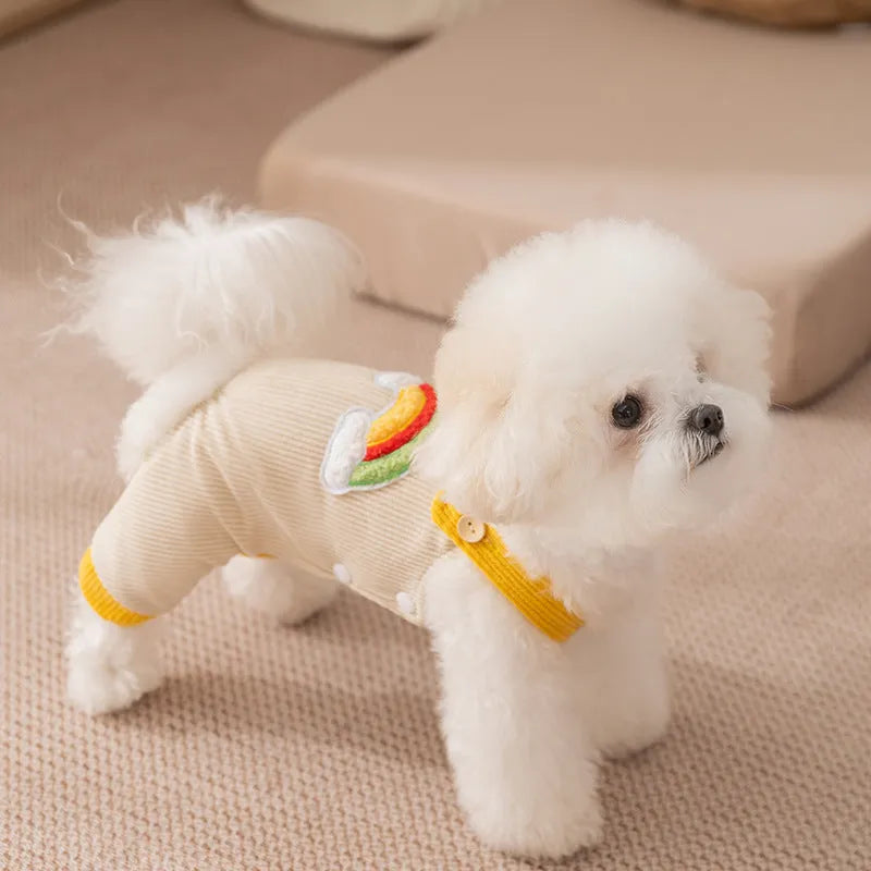 Small dog wearing rainbow corduroy jumpsuit in Beige with flannel lining, autumn winter pet overalls