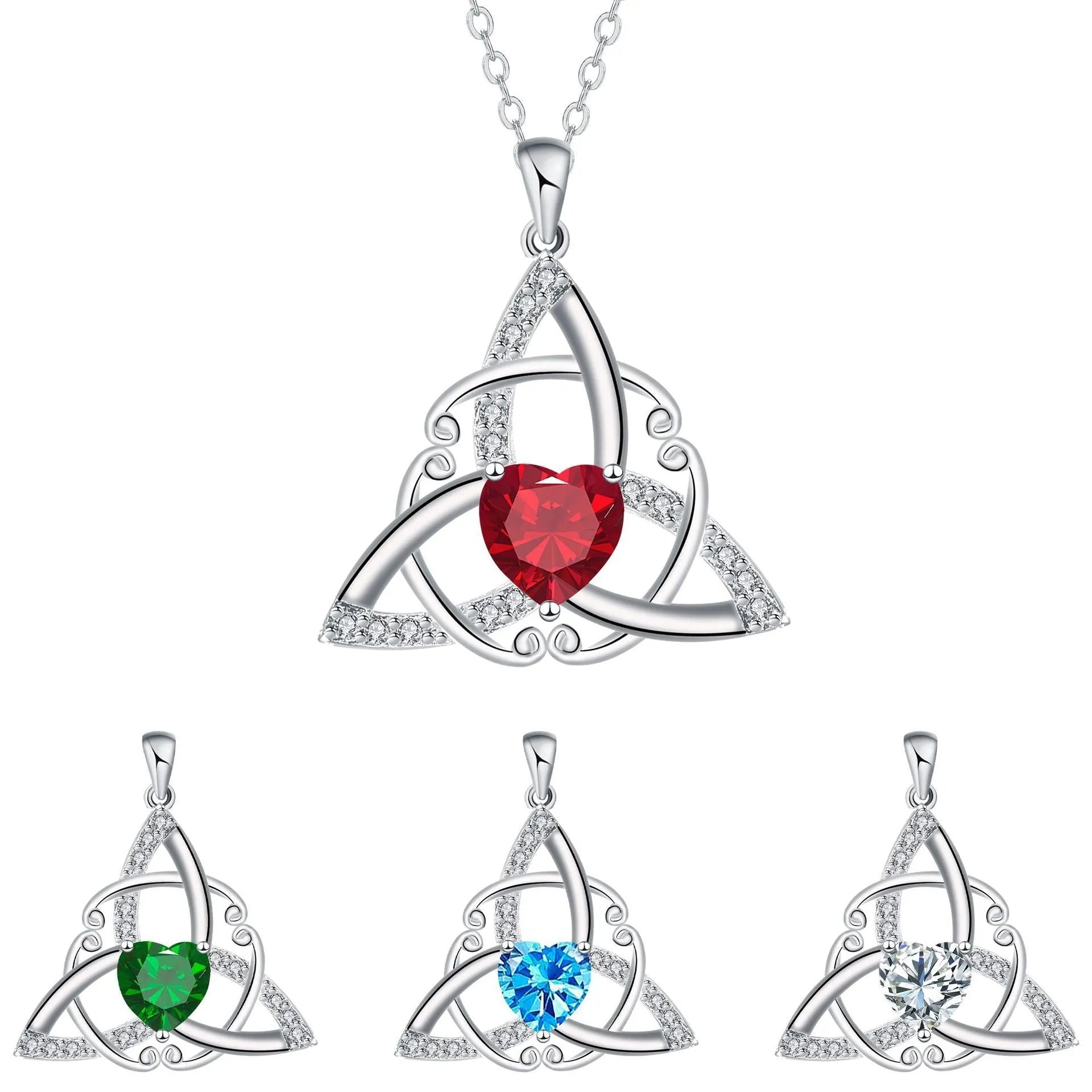 Women's Celtic knot necklace in copper with geometric pendant showing electroplated colour options