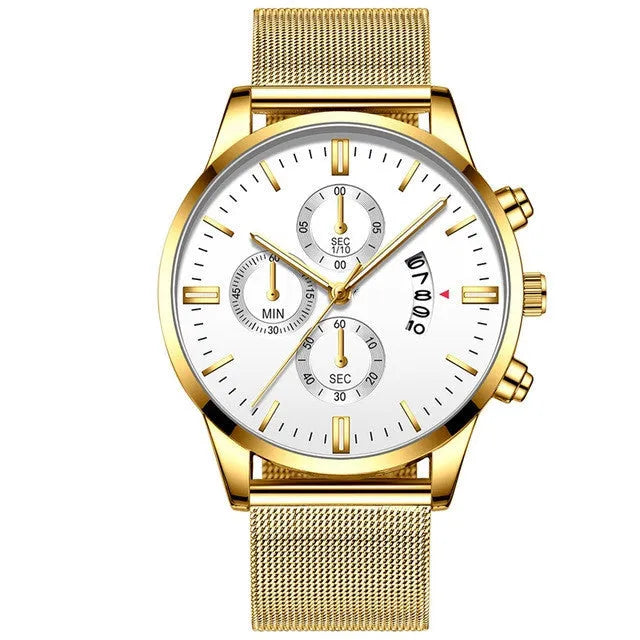 Men's stainless steel mesh band quartz watch with analog display in multiple colour options