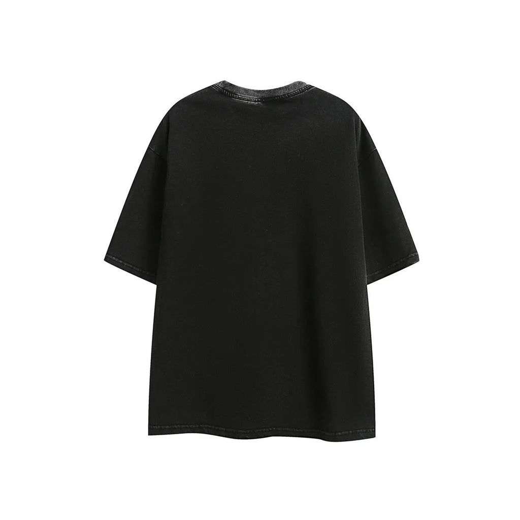 Purple and black washed cotton retro short-sleeved t-shirt with loose fit and half-sleeve styling