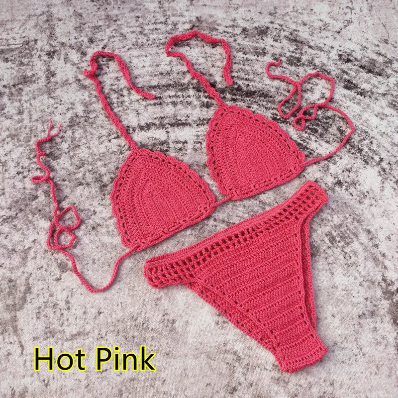 Women's 3-piece crochet bikini swimsuit set in a choice of colours on a mannequin.