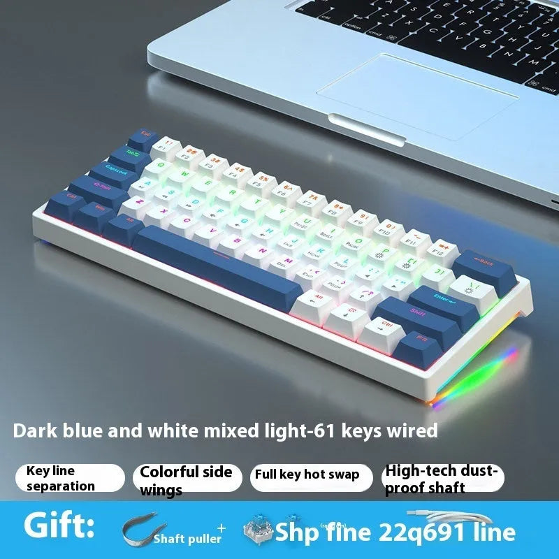 Bluish-black 61-key mechanical keyboard with wired USB cable on desktop