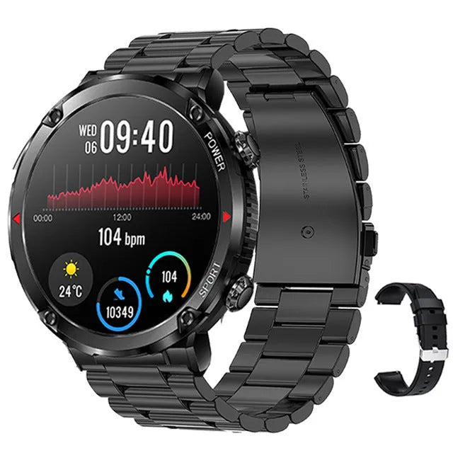 T30 smartwatch on wrist showing display, with Bluetooth calling and health monitoring features.