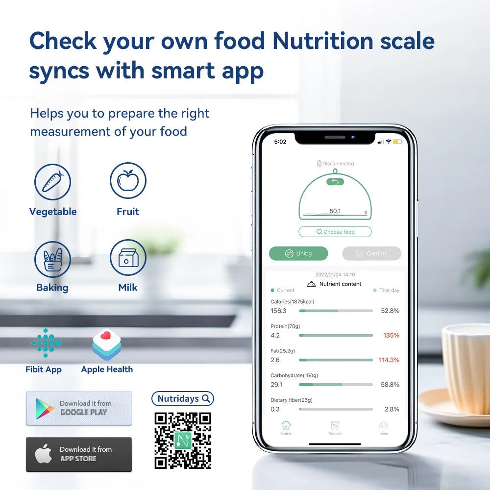 Black Bluetooth smart kitchen scale with nutrition calculator app on phone screen, 153x135x27mm