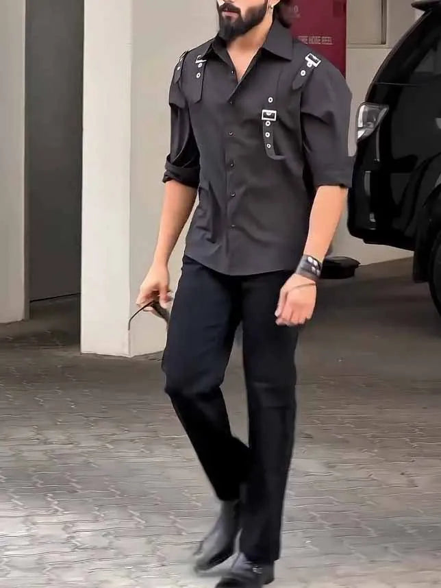 Men's black utility style button-up short sleeve shirt on a hanger