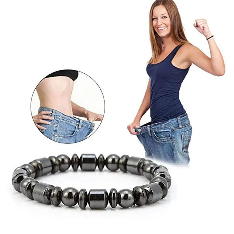 Black pentagram stone magnetic therapy bracelet with magnetite and hematite beads on a stretch band.