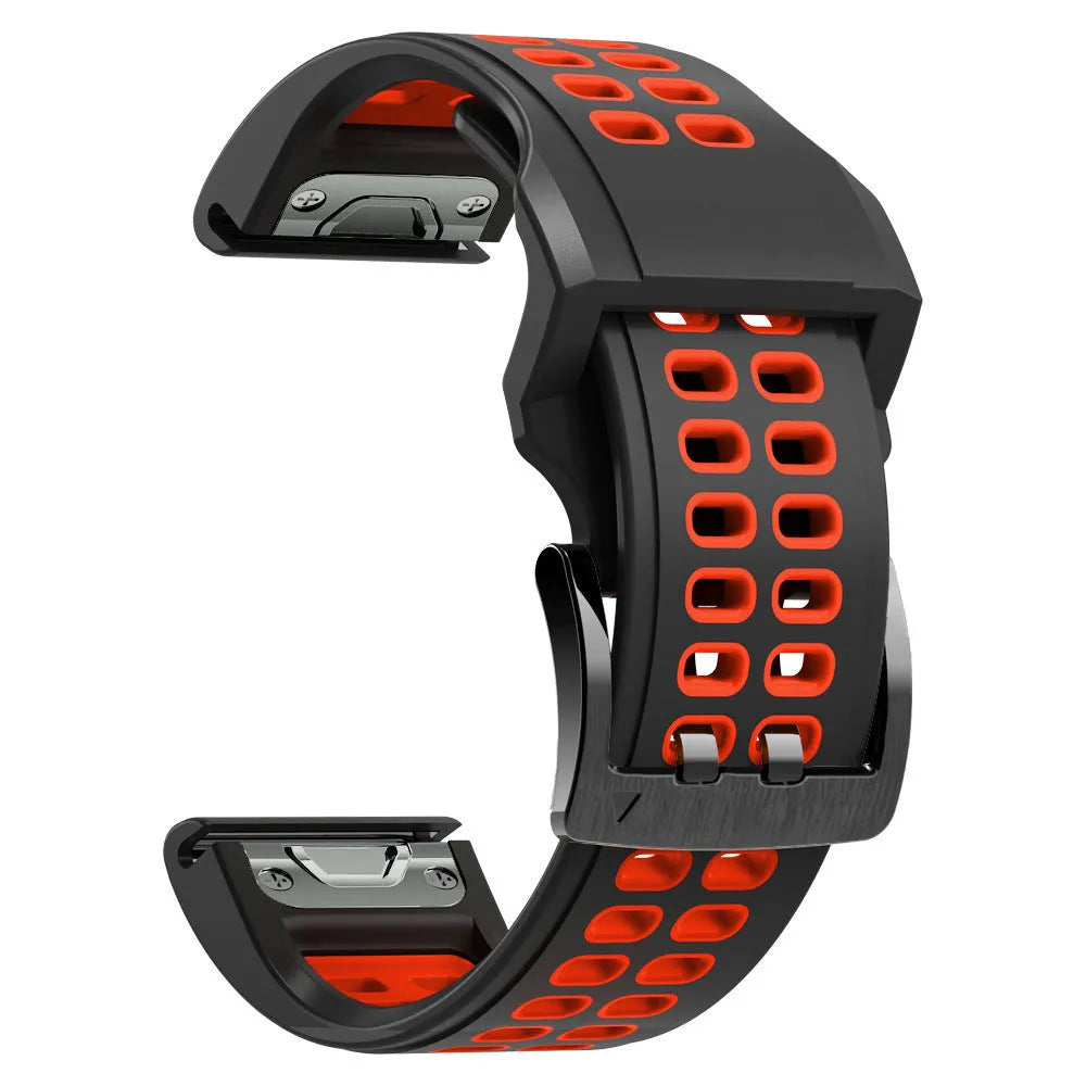 Quick release double row hole silicone watch strap in a two-tone colour on a watch.