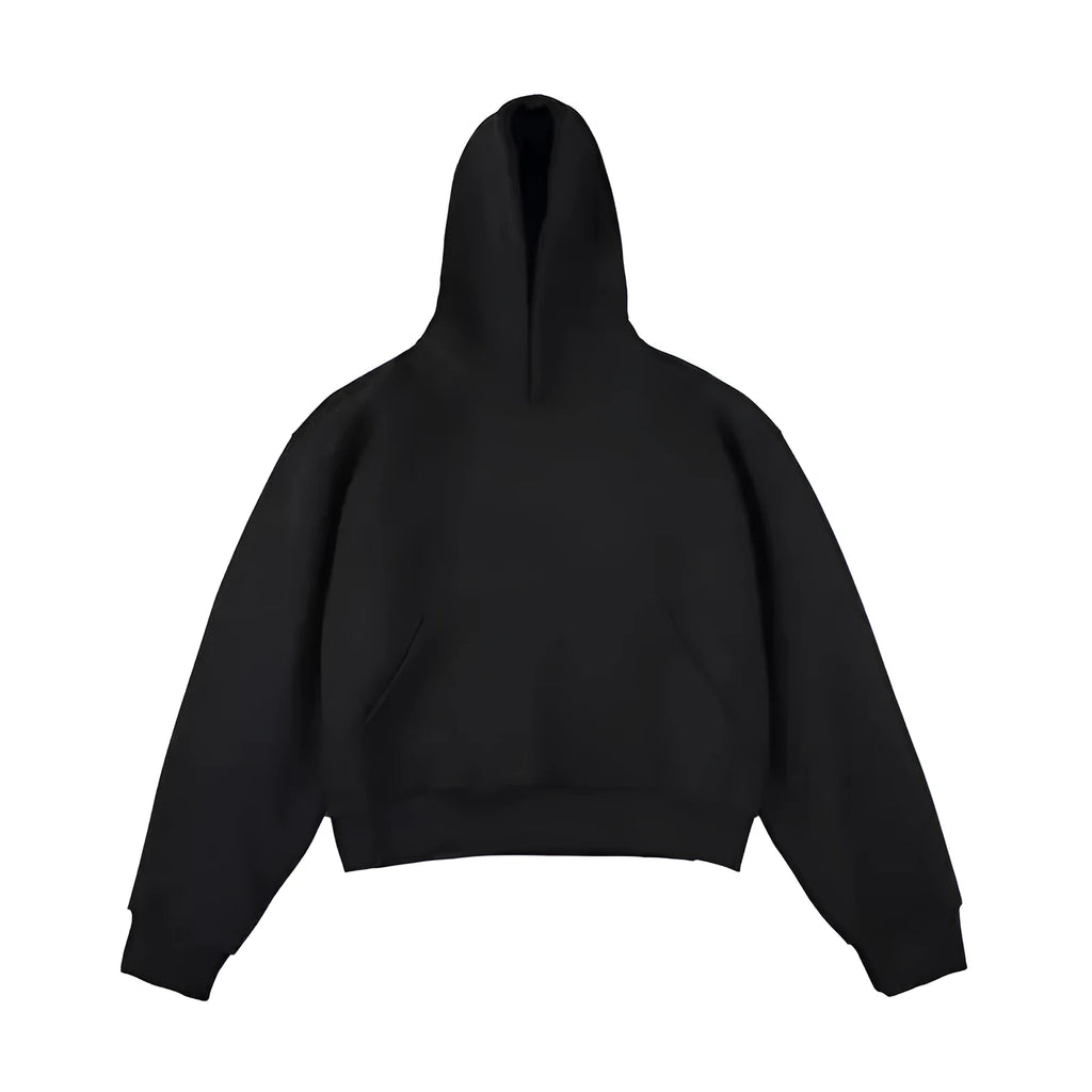 Men's short black Chinese cotton velvet hooded sweater with the hood down on a hanger.