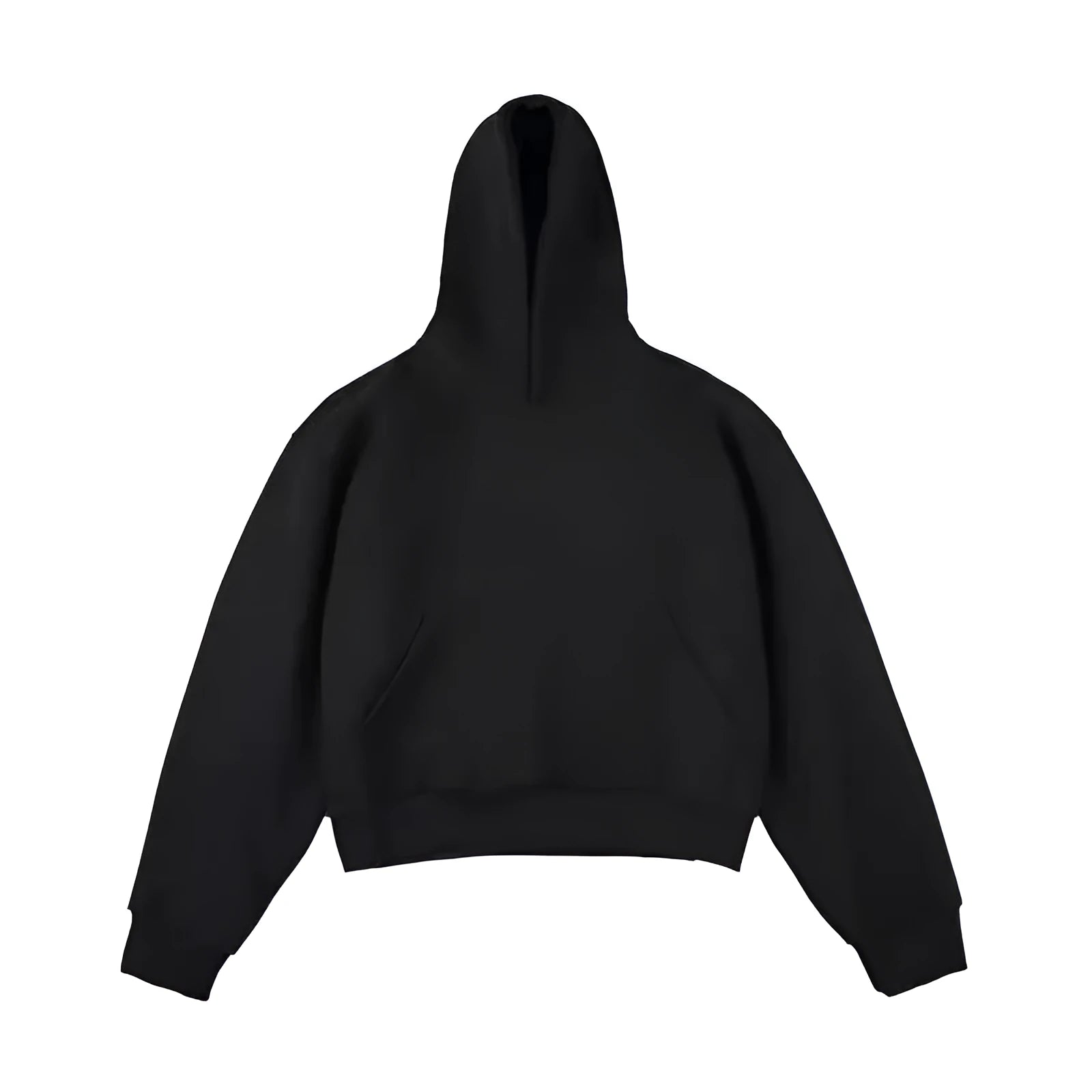 Men's short black Chinese cotton velvet hooded sweater with the hood down on a hanger.